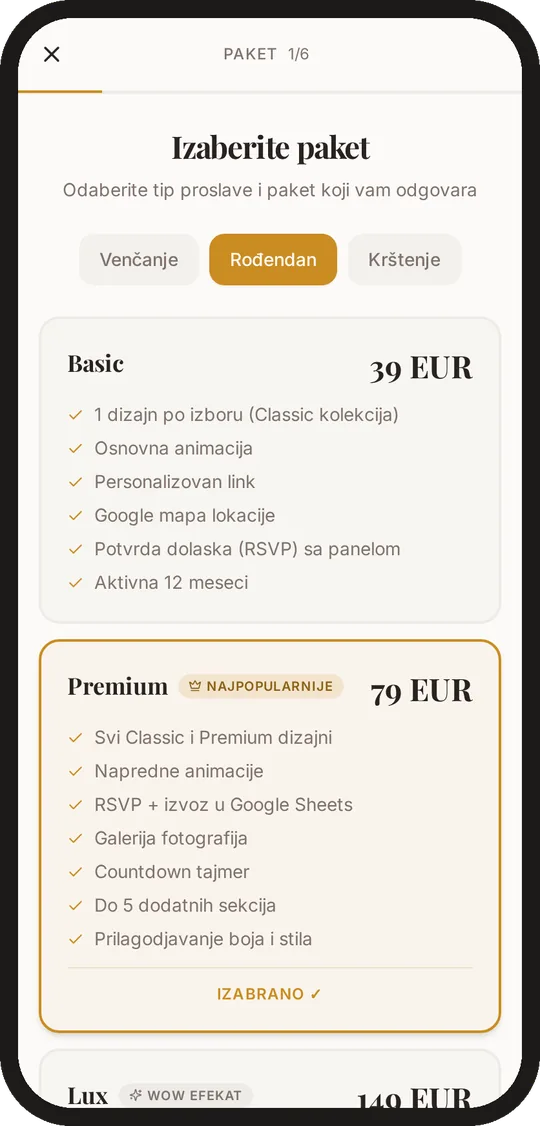 Snimak ekrana telefona: izbor prilike i paketa pri izradi pozivnice