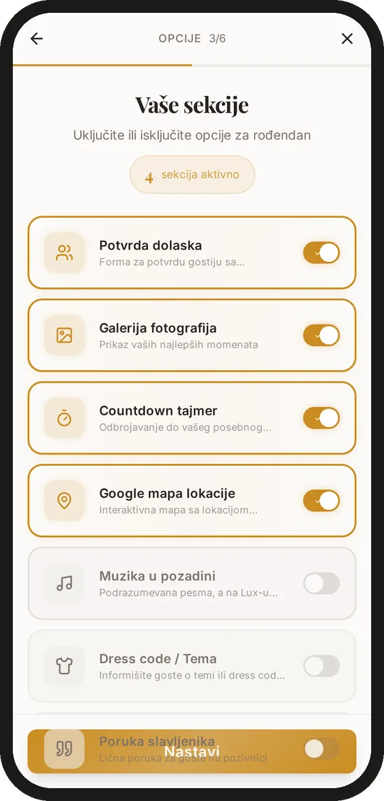 Snimak ekrana telefona: uključivanje sekcija pozivnice