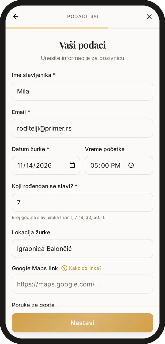 Snimak ekrana telefona: unos podataka za pozivnicu za rođendan